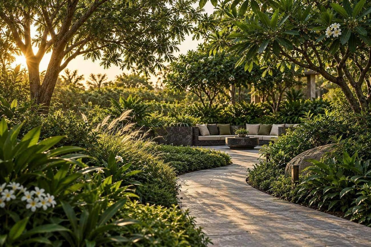 A planted garden path at golden hour