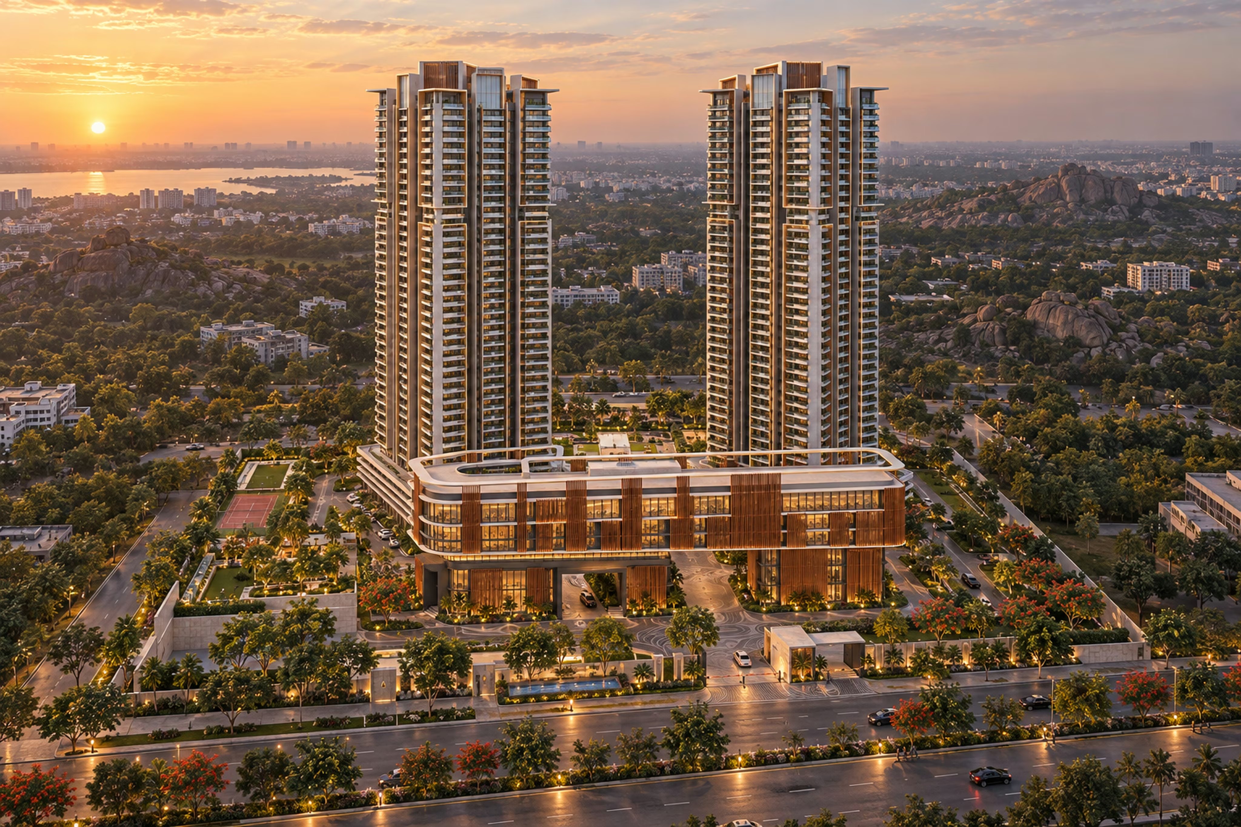 An aerial view of a residential development