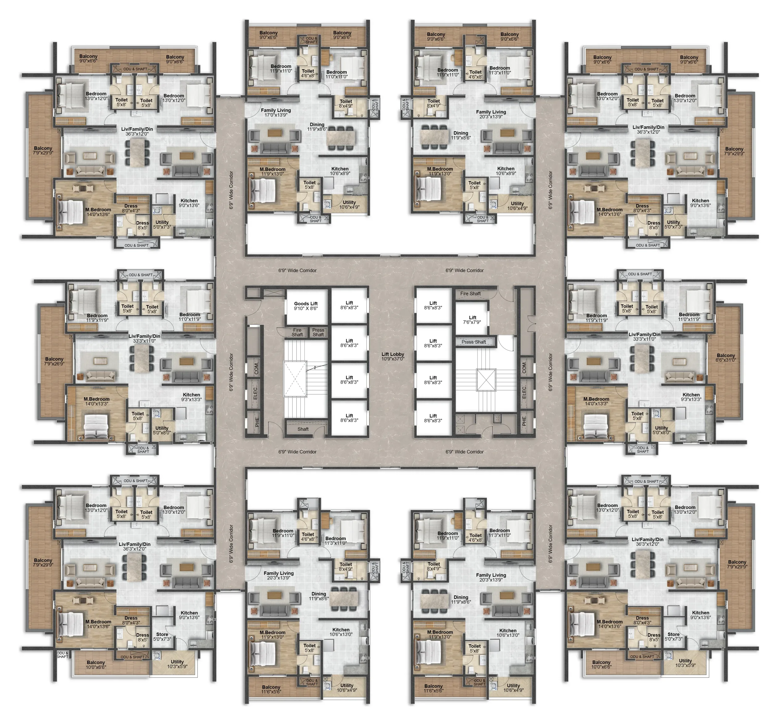 Typical floor plan of a Marvel tower: twelve 3 BHK homes arranged around a central lift lobby and 6 ft 9 in wide corridors