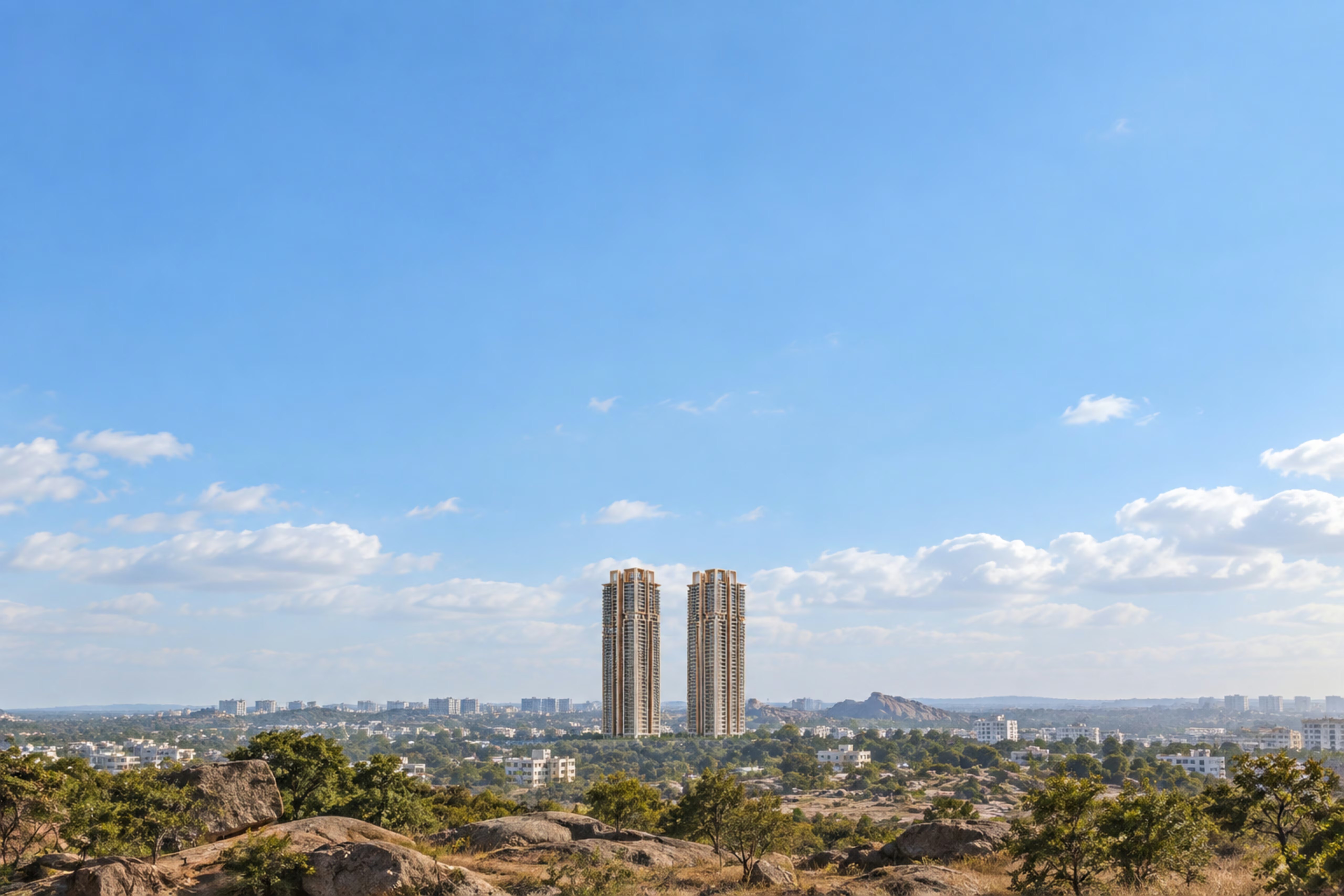 Marvel's TWIN TOWERS on the Puppalguda horizon at sunset