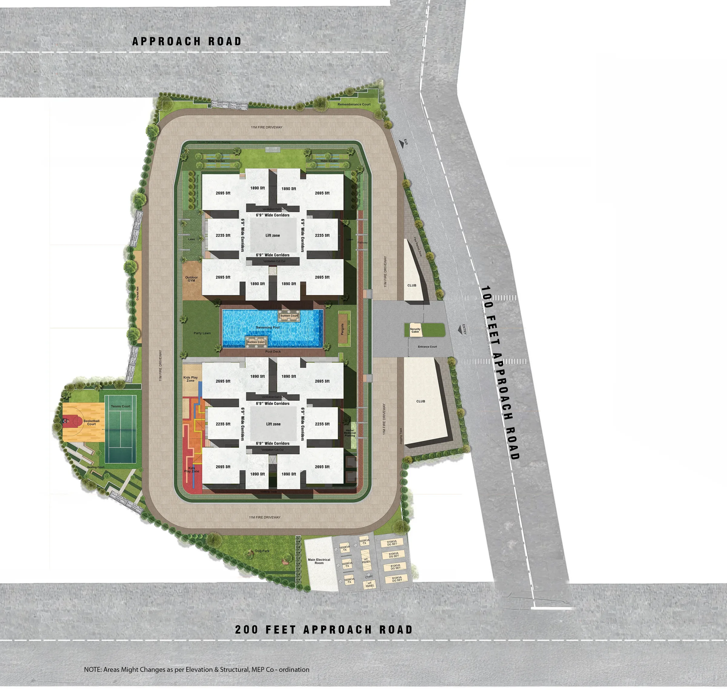Marvel master plan: two towers around the pool deck, the clubhouse and entrance court on the 100 ft road, sports courts, play zones and landscaped edges, with the 200 ft approach road to the south