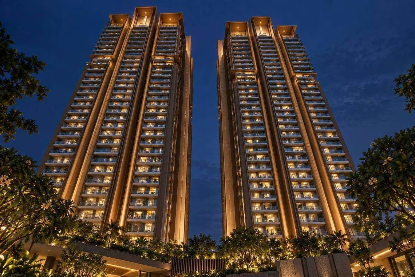 A residential tower seen from below